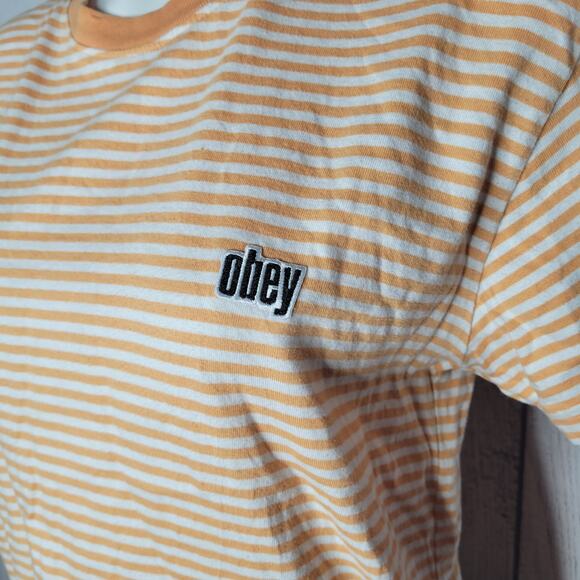 Obey Worldwide Womens Orange Striped Crewneck Short Sleeve T Shirt Size Medium - Picture 3 of 7